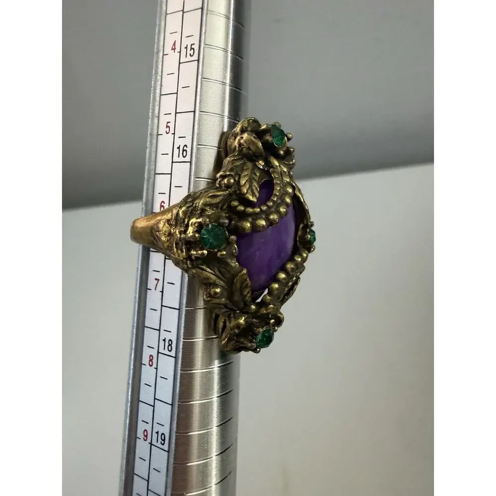 Vintage Gold Tone Purple Cabochon Green Rhinestone Ornate Statement Ring Size 6